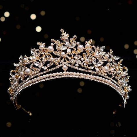 Elegant Gold Wedding Tiara with Pearls and Crystals