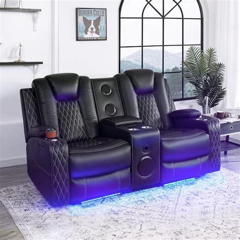 MAYKOOSH Black Air Faux Leather home theater seating with power ...