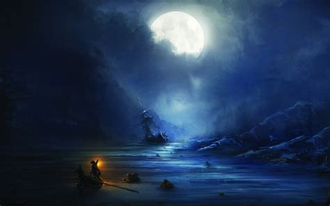 Painting of full moon, artwork, concept art, boat, ship HD wallpaper | Wallpaper Flare