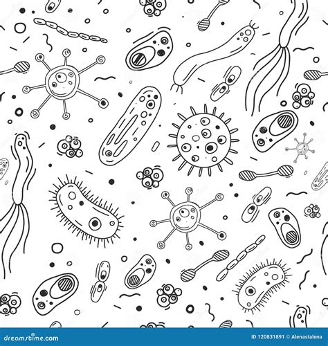 Bacteria Germs Hand Drawn Doodle Seamless Pattern With Microorganism Cells On White Background ...