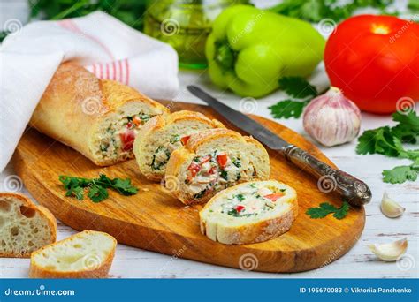 Baguette Stuffed with a Salad of Baked Chicken, Cheese and Fresh Vegetables Stock Image - Image ...