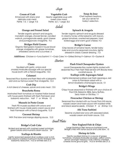 Menu of Bridges Restaurant on Kent Narrows in Grasonville, MD 21638