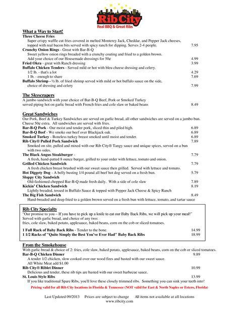 Rib City Menu, Menu for Rib City, Cookeville, Cookeville - Urbanspoon ...