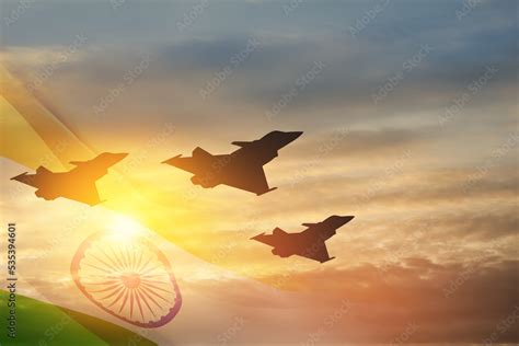 Indian Air Force Day. Indian jet air shows on background of sunset with ...