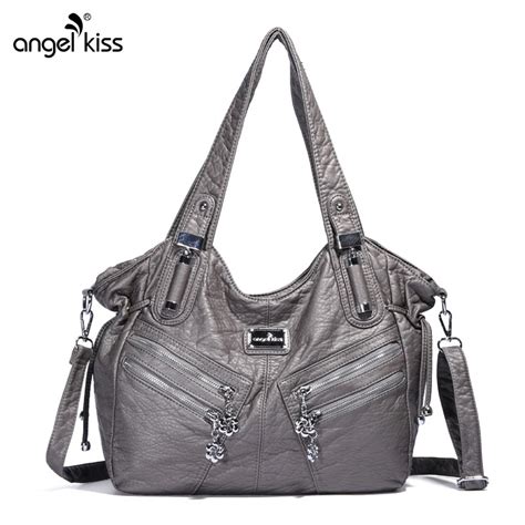 Multi Zipper Pocket Washed Leather Women Top Handle Bag Satchel ...