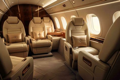 Interior of the airplane. Interior of the plane with leather seats ...