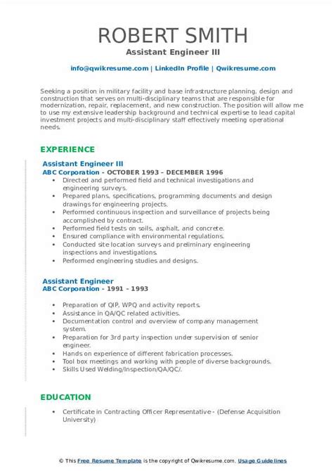 Assistant Engineer Resume Samples | QwikResume