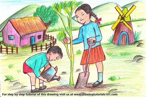 Learn How to Draw Kids Planting Tree Scenery (Scenes) Step by Step : Drawing Tutorials