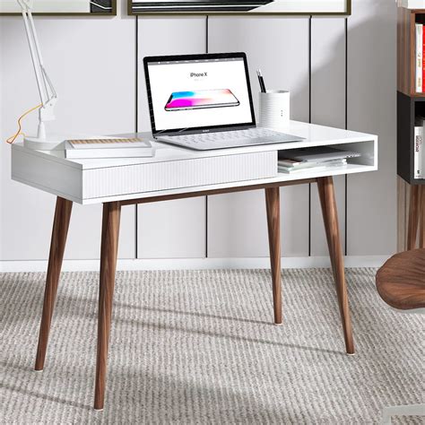 Buy White Writing Desk with Drawers Mid Century Modern Desk, Wood ...