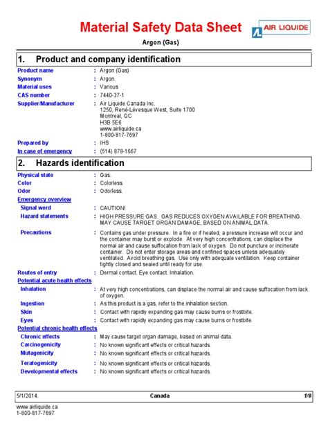 Argon MSDS | PDF | Personal Protective Equipment | Waste Management