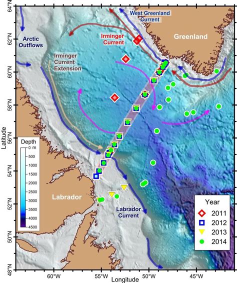 1 Map showing the stations and currents of the Labrador Sea. Stations ...