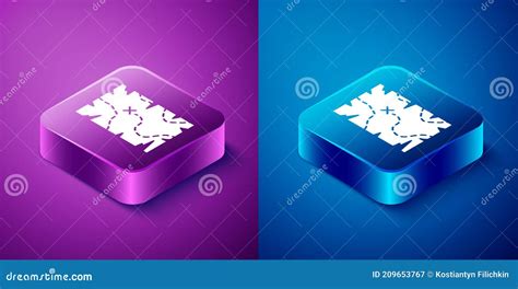 Isometric Pirate Treasure Map Icon Isolated on Blue and Purple Background. Square Button Stock ...