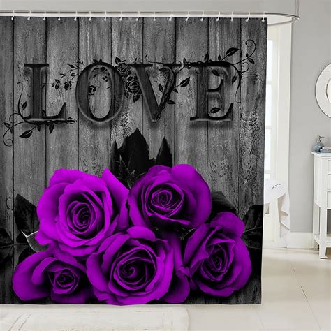 YST Purple Rose Bath Curtain 72"Wx72"L Purple Black Romantic Floral Shower Curtain For Bathroom ...