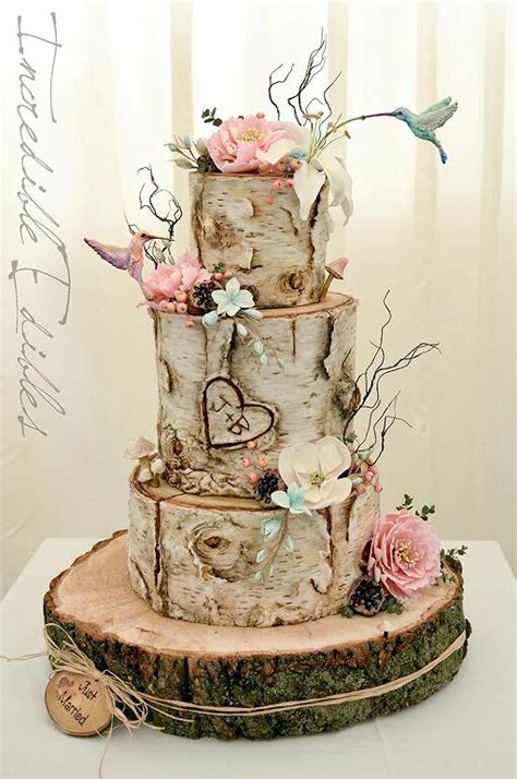 Hummingbird and Flower Birc Tree themed country wedding cakes for fall wedding | WeddingInclude ...