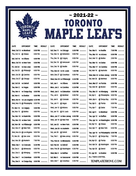 Printable 2021-2022 Toronto Maple Leafs Schedule