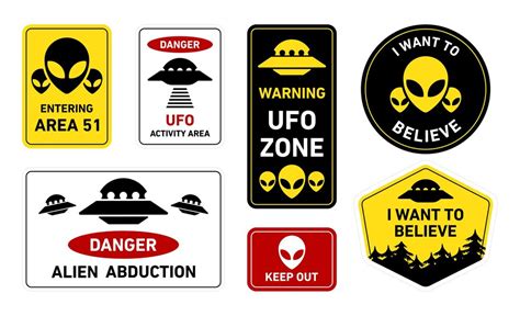 Premium Vector | UFO aliens and Area 51 danger warning road signs and stickers collection Aliens ...