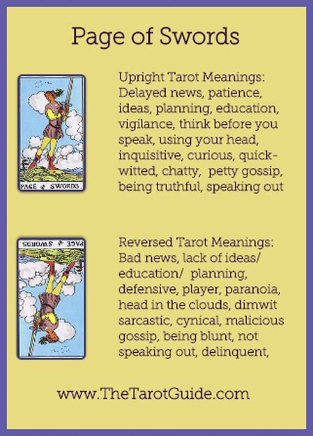 Page of Swords Tarot Flashcard showing the best keyword meanings for the upright & reversed card ...