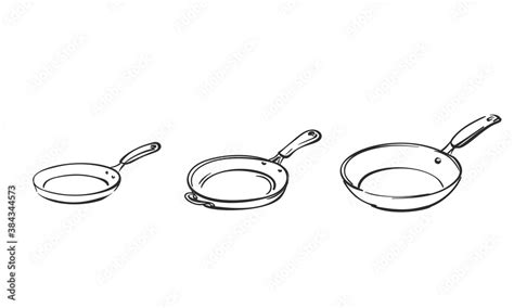 Frying pan doodle set vector sketch, Hand drawn illustration black line on white background ...