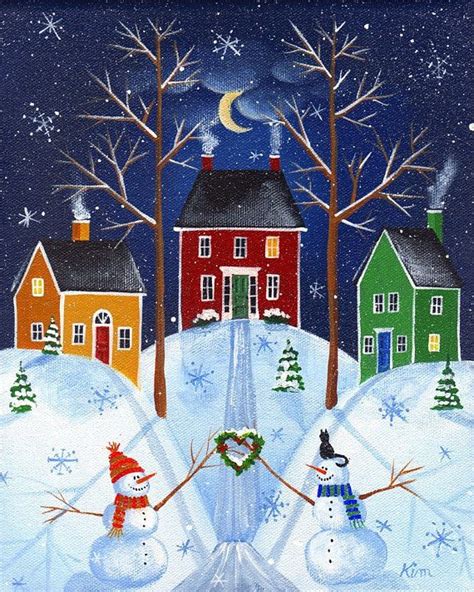 Snow Village Folk Art Print | Cottage art, Christmas art, Christmas ...