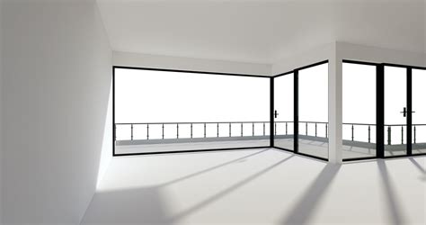 Windows, white empty room, the whole wall, ceiling, floor.with balcony looking out. Windows can ...