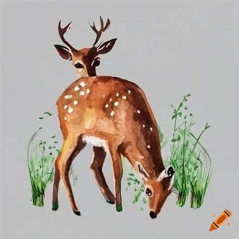 Watercolor illustration of a deer eating grass on Craiyon