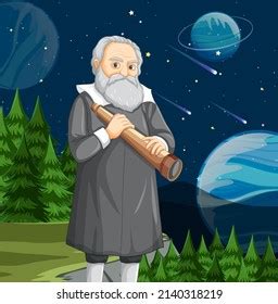 Galileo Galilei Cartoon Character Holding Telescope Stock Vector ...