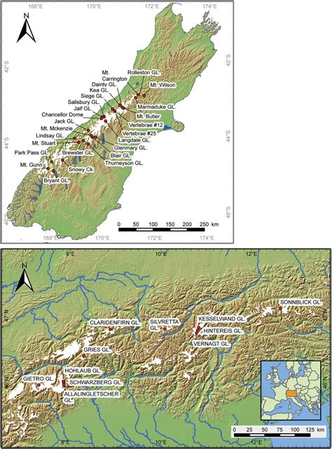 Maps illustrating the locations of the glaciers used in this study.... | Download Scientific Diagram