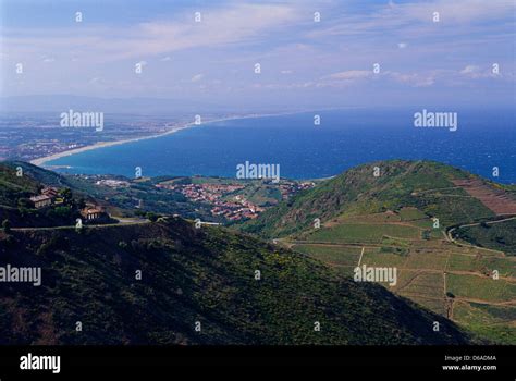 Overview on vineyards of Banyuls sur mer, coll de Mollo, Cote Vermeille, Eastern Pyrenees ...