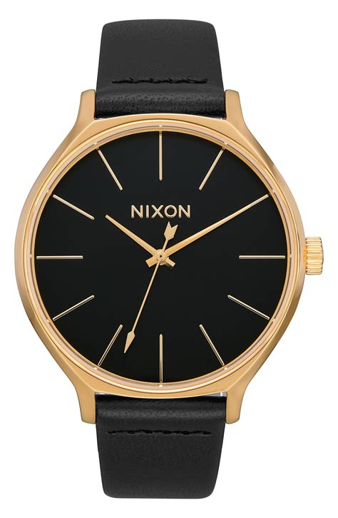 Nixon The Clique Leather Strap Watch in Black/ Gold/ Black (Black) - Lyst