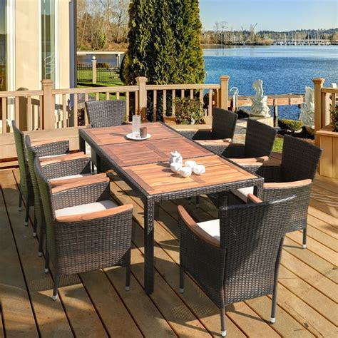 9PCS Patio Rattan Dining Set 8 Chairs Cushioned Acacia Table Top - Walmart.com - Walmart.com