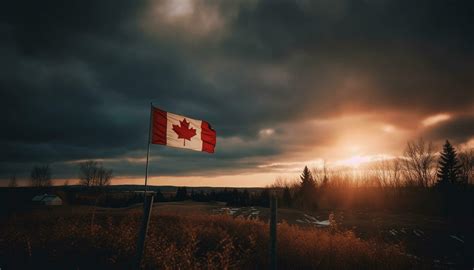 Canadian flag backlit by sunset over forest generated by AI 25301110 Stock Photo at Vecteezy