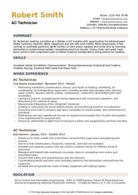 AC Technician Resume Samples | QwikResume