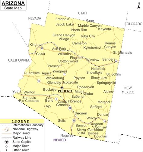 Arizona Map (AZ Map), Map of Arizona State with Cities, Road, River ...