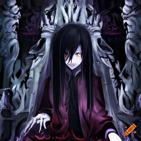 Scary anime guy with long black hair sitting on a throne on Craiyon