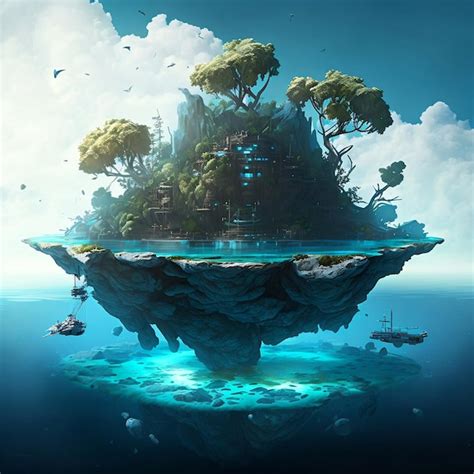 Premium Photo | A digital painting of a floating island with a tree on it.