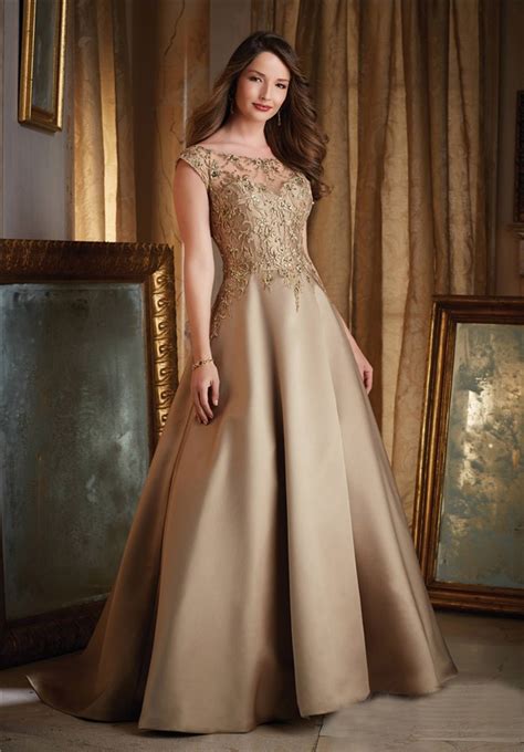 Ball Gown Boat Neck Cap Sleeve Gold Satin Lace Beaded Evening Prom Dress