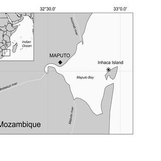 Map of Maputo Bay, located in southern Mozambique. Maputo city is ...