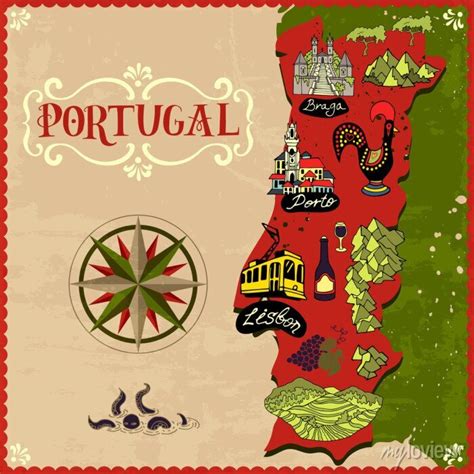 Illustrated map of portugal. landmarks and national symbols of canvas prints for the wall ...