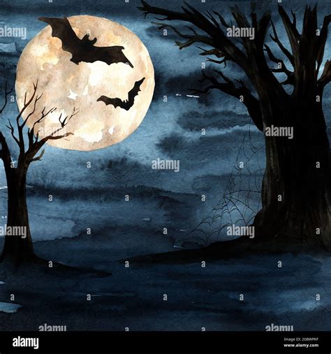 Full moon on the dark sky, and night forest. Halloween horror ...