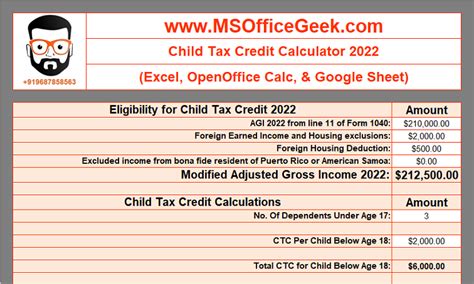 Child Tax Credit Calculator 2022 Excel Template - MSOfficeGeek