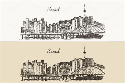 Seoul skyline (South Korea) by grop on Creative Market Architecture Drawing Art, City ...