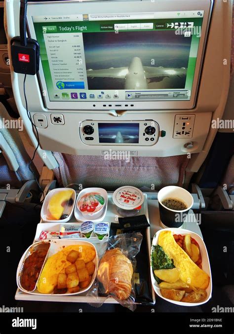 A set of food for a passenger on an Emirates airline flight Stock Photo ...