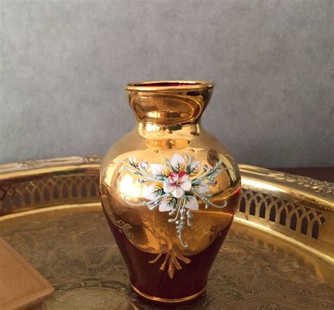 Vintage Murano Cranberry Glass Vase, 24 Kt Gold Overlay Hand Painted Venetian Glass Vase, Fall ...