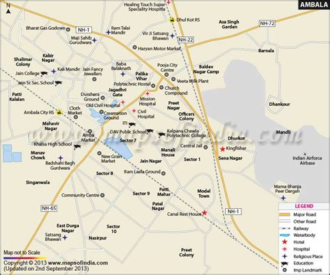 Map showing major roads, hotels, hospitals and places of interest in Ambala | Map, City, City maps