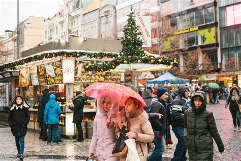 Prague, December 24, 2016: Wenceslas Square on Christmas Day. Christmas Market. Happy Local ...