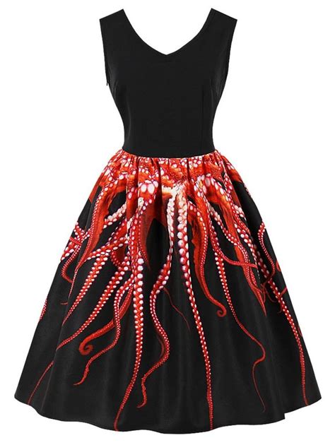 Vintage 3D Octopus Print Fit and Flare Dress - Black - 3274187115 Size S | Vintage rockabilly ...