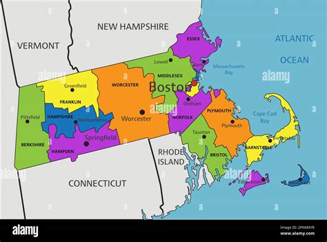 Colorful Massachusetts political map with clearly labeled, separated ...