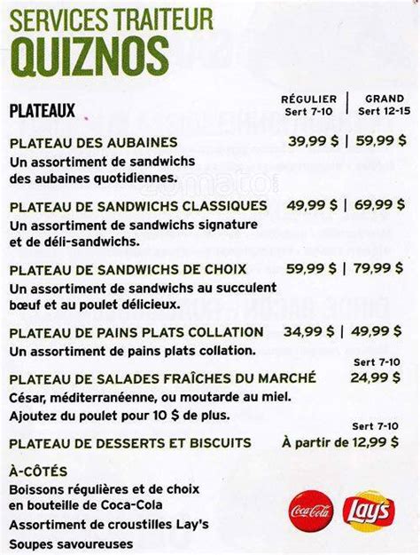 Menu at Quiznos restaurant, Gatineau, 425 Boulevard Saint-Joseph