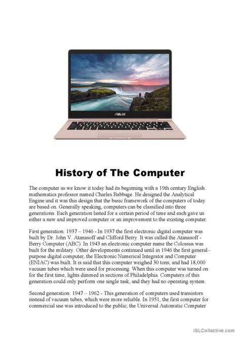 HISTORY OF THE COMPUTER reading for…: English ESL worksheets pdf & doc