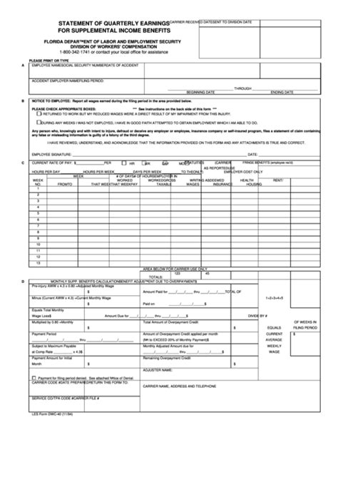 Form Dwc40 - Statement Of Quarterly Earnings For Supplemental Income ...